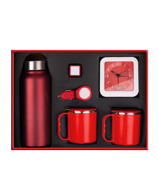 MG-EG24 – 6 In 1 Set: Steel Water Bottle (750ml), Silicon Mobile Stand, Glowing Car Charger, Glow Clock, Two Stainless Steel Mugs