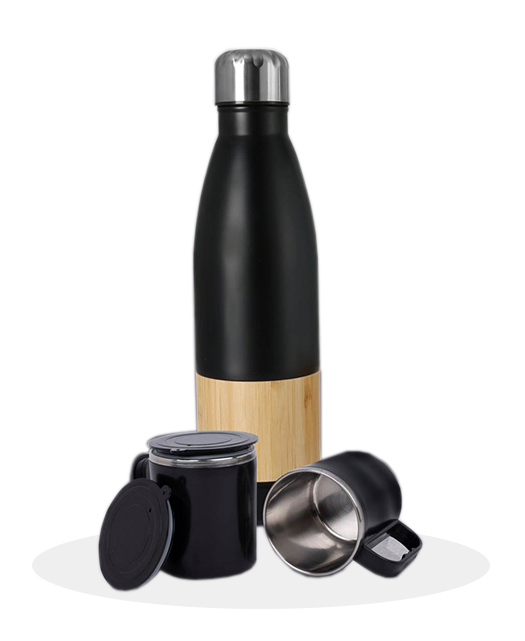 MG-EG01 - Set Of Bamboo Cola Vacuum Flask With 2 Stainless Steel Cups In Gift Box