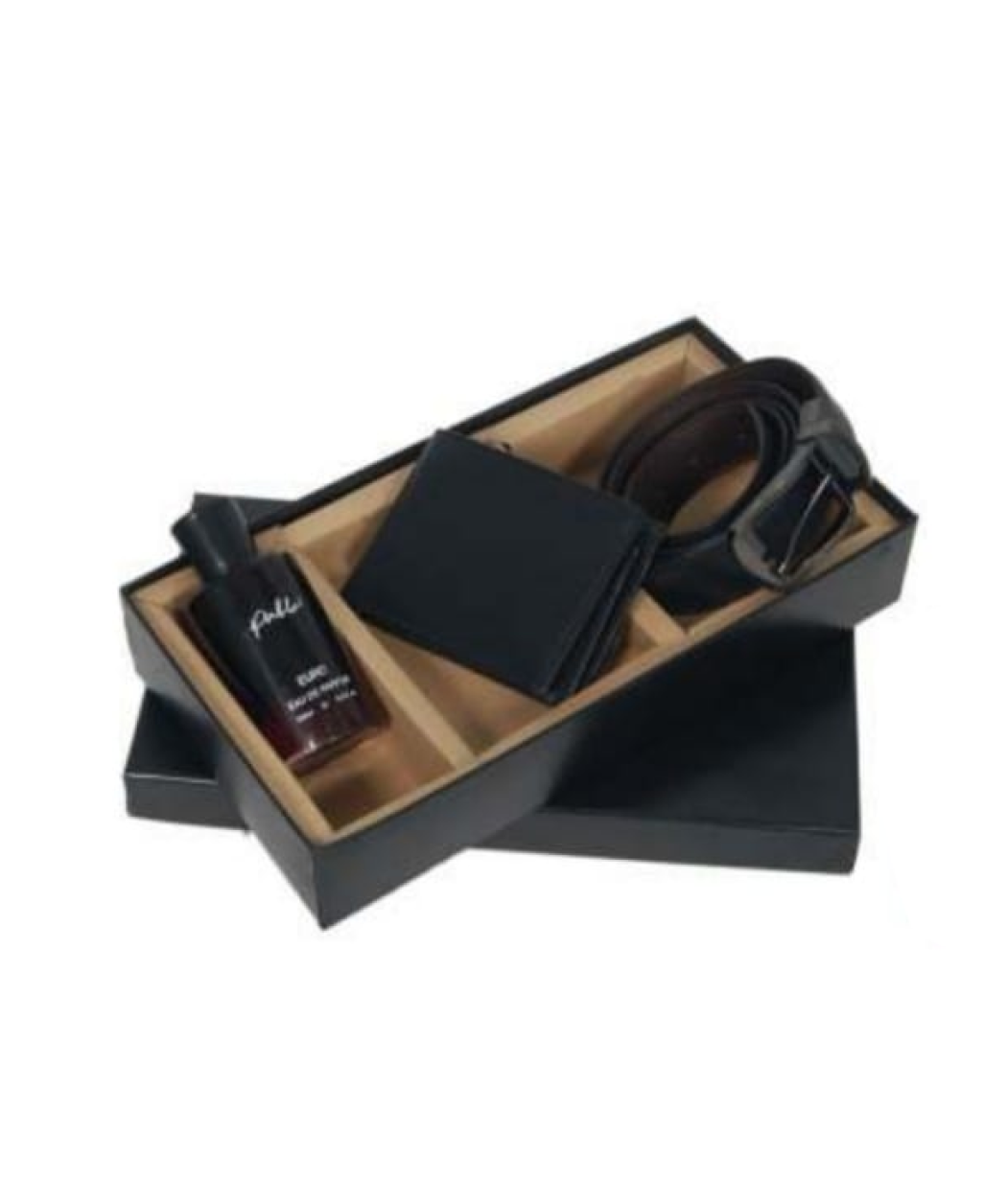 MG-LR06 - 3 In 1 Black Leatherette Perfume Set Gents Wallet, Gents Perfume, Gents Belt Box.